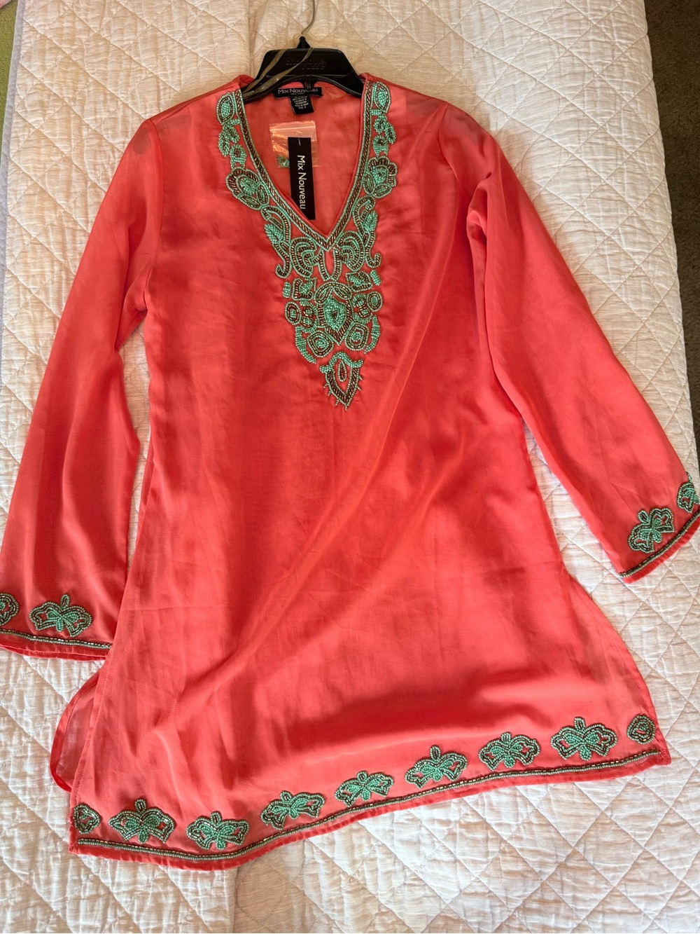 Coral Embroidered V-Neck cover up